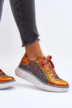 Outlet Skórzane Buty Sportowe Damskie 06327-18 Pomarańczowe Damskie Buty Sportowe Na Platformie