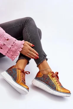Outlet Skórzane Buty Sportowe Damskie 06327-18 Pomarańczowe Damskie Buty Sportowe Na Platformie