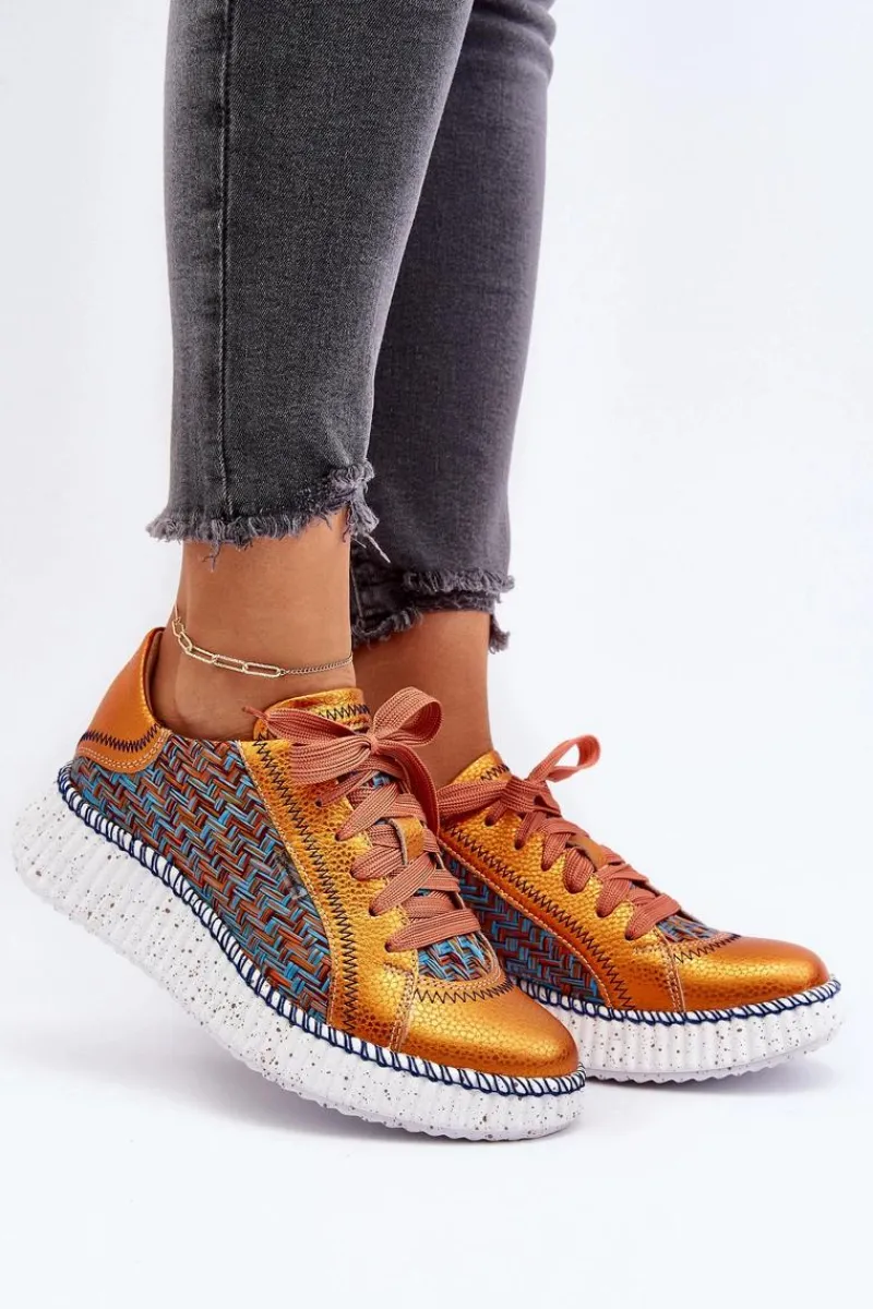 Outlet Skórzane Buty Sportowe Damskie 06327-18 Pomarańczowe Damskie Buty Sportowe Na Platformie