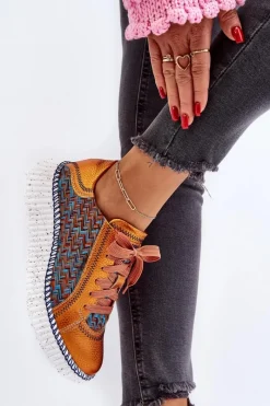 Outlet Skórzane Buty Sportowe Damskie 06327-18 Pomarańczowe Damskie Buty Sportowe Na Platformie