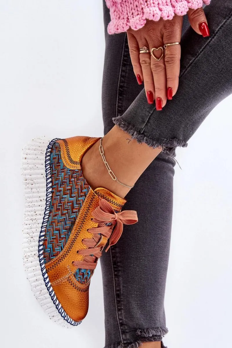 Outlet Skórzane Buty Sportowe Damskie 06327-18 Pomarańczowe Damskie Buty Sportowe Na Platformie