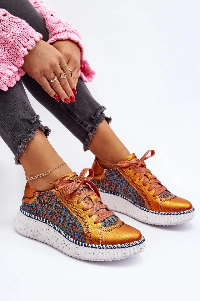 Outlet Skórzane Buty Sportowe Damskie 06327-18 Pomarańczowe Damskie Buty Sportowe Na Platformie