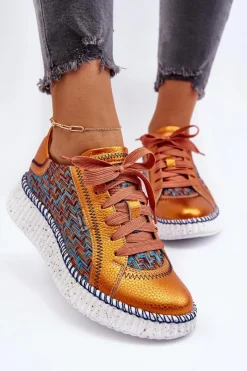 Outlet Skórzane Buty Sportowe Damskie 06327-18 Pomarańczowe Damskie Buty Sportowe Na Platformie