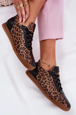 New Skórzane Buty Sportowe Damskie W Panterkę 2935 Brązowe Damskie Sneakersy Damskie
