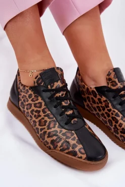 New Skórzane Buty Sportowe Damskie W Panterkę 2935 Brązowe Damskie Sneakersy Damskie