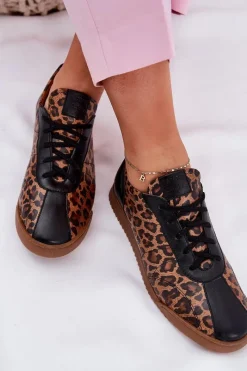 New Skórzane Buty Sportowe Damskie W Panterkę 2935 Brązowe Damskie Sneakersy Damskie