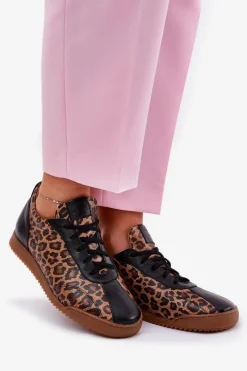 New Skórzane Buty Sportowe Damskie W Panterkę 2935 Brązowe Damskie Sneakersy Damskie