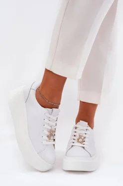 Sneakersy Damskie>Buty damskie Vinceza Skórzane Buty Sportowe Damskie Na Platformie Z Przypinką Vinceza 39922 Białe