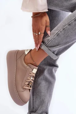 Clearance Maciejka Skórzane Buty Sportowe Na Platformie 06191-04 Beżowe Beżowy