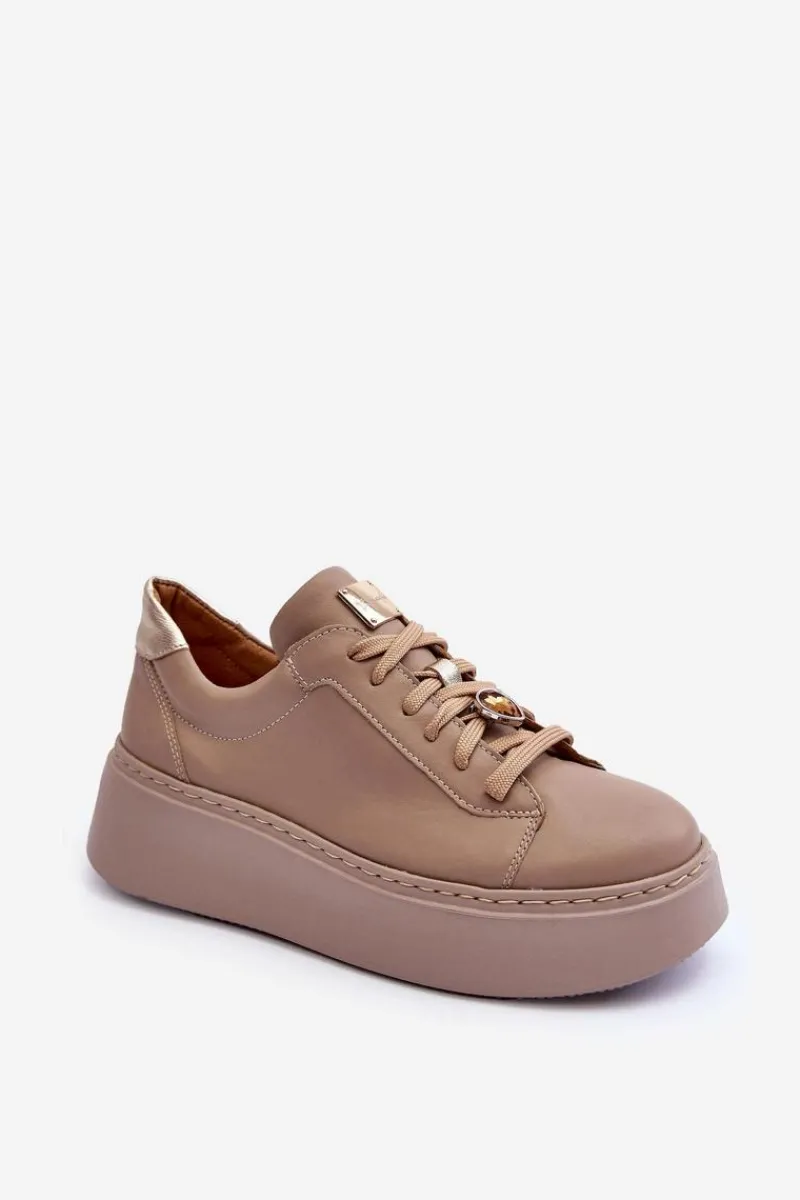 Clearance Maciejka Skórzane Buty Sportowe Na Platformie 06191-04 Beżowe Beżowy