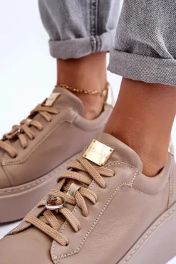 Clearance Maciejka Skórzane Buty Sportowe Na Platformie 06191-04 Beżowe Beżowy