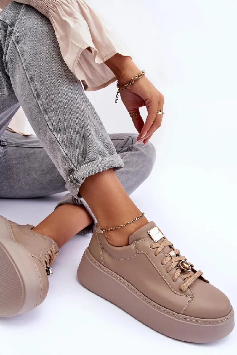 Clearance Maciejka Skórzane Buty Sportowe Na Platformie 06191-04 Beżowe Beżowy