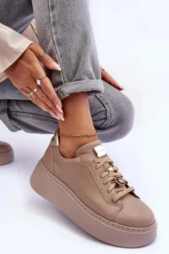 Clearance Maciejka Skórzane Buty Sportowe Na Platformie 06191-04 Beżowe Beżowy