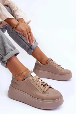 Clearance Maciejka Skórzane Buty Sportowe Na Platformie 06191-04 Beżowe Beżowy