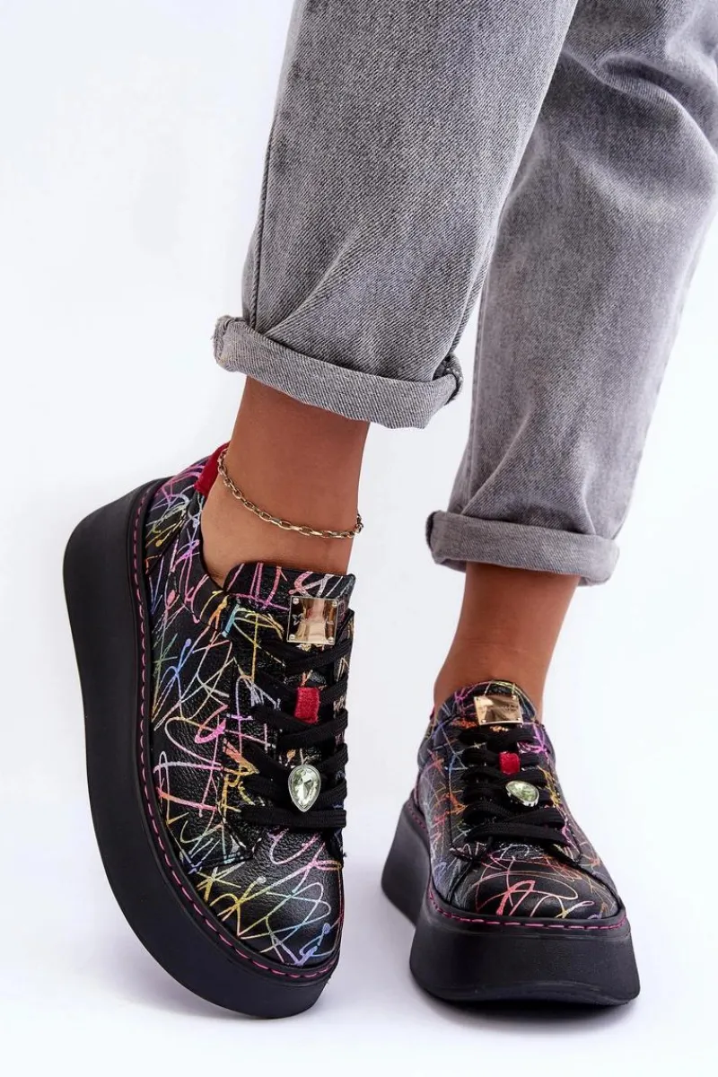 Hot Skórzane Buty Sportowe Na Platformie 06191-39 Multikolor Damskie Buty Sportowe Na Platformie