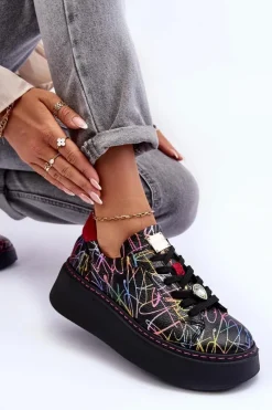 Hot Skórzane Buty Sportowe Na Platformie 06191-39 Multikolor Damskie Buty Sportowe Na Platformie
