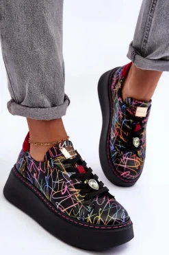 Hot Skórzane Buty Sportowe Na Platformie 06191-39 Multikolor Damskie Buty Sportowe Na Platformie