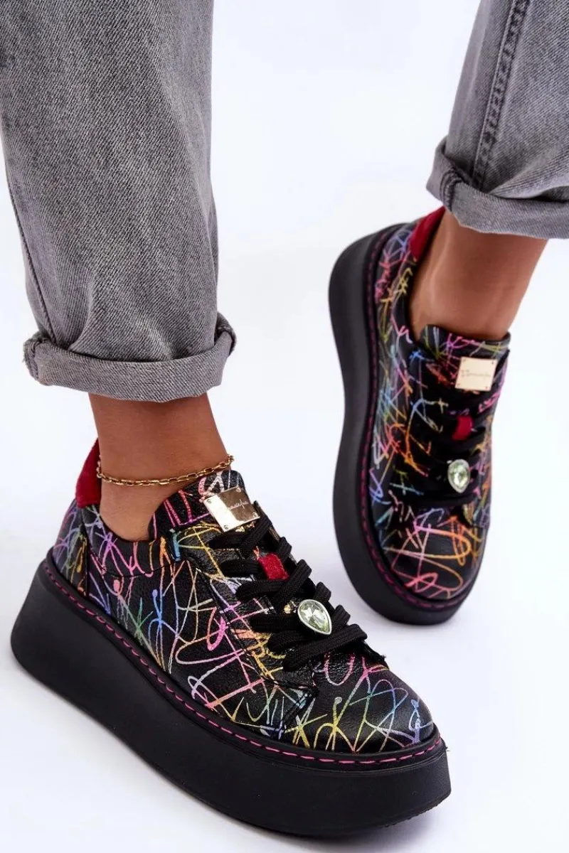 Hot Skórzane Buty Sportowe Na Platformie 06191-39 Multikolor Damskie Buty Sportowe Na Platformie