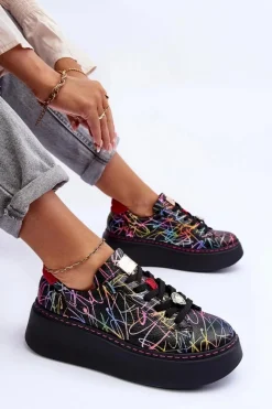 Hot Skórzane Buty Sportowe Na Platformie 06191-39 Multikolor Damskie Buty Sportowe Na Platformie