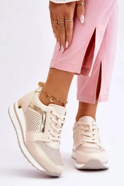 Sneakersy Damskie>Boto Skórzane Buty Sportowe Na Niewysokim Koturnie Beżowe Braylen