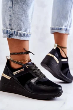 New Damskie buty S.Barski Skórzane Buty Sportowe Na Koturnie Czarne Rayana