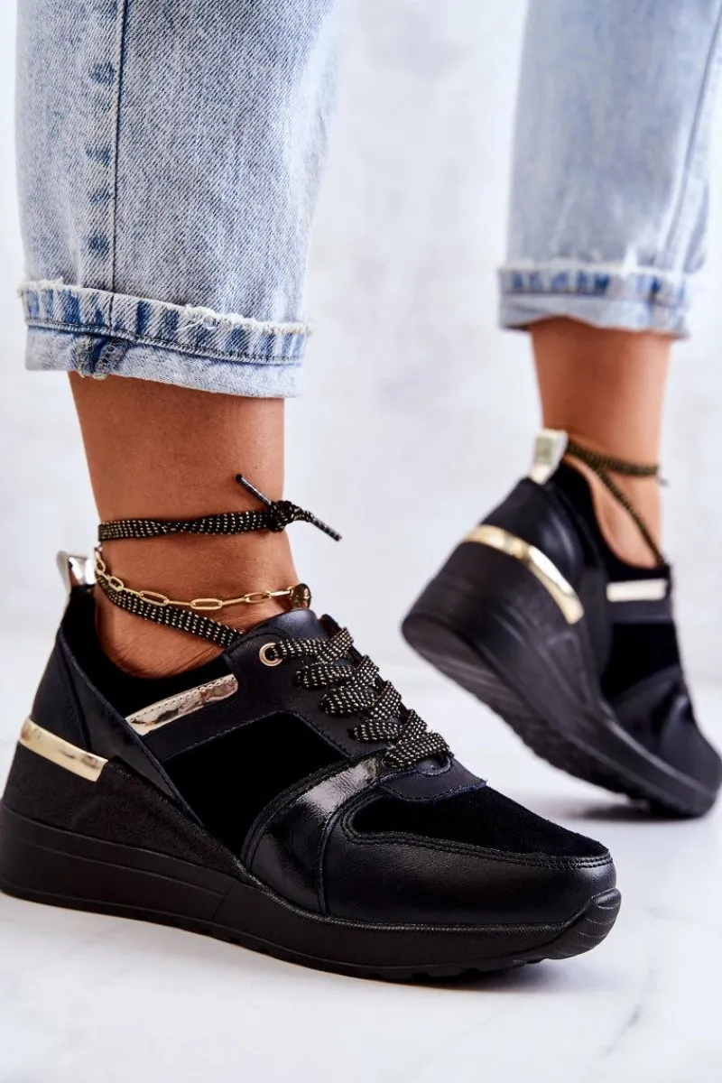 New Damskie buty S.Barski Skórzane Buty Sportowe Na Koturnie Czarne Rayana