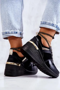 New Damskie buty S.Barski Skórzane Buty Sportowe Na Koturnie Czarne Rayana