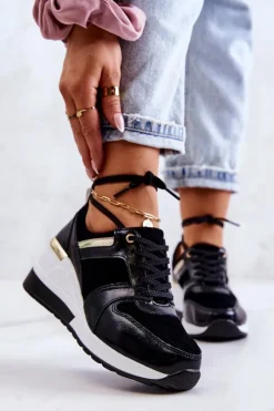 Sneakersy Damskie>Damskie buty S.Barski Skórzane Buty Sportowe Na Koturnie Czarno-Białe Rayana