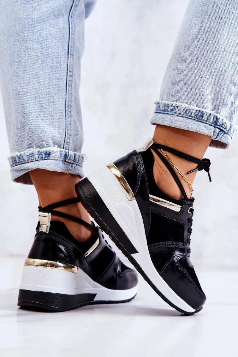 Sneakersy Damskie>Damskie buty S.Barski Skórzane Buty Sportowe Na Koturnie Czarno-Białe Rayana