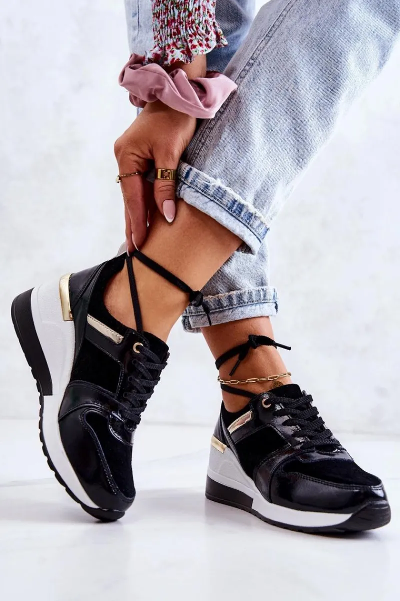 Sneakersy Damskie>Damskie buty S.Barski Skórzane Buty Sportowe Na Koturnie Czarno-Białe Rayana