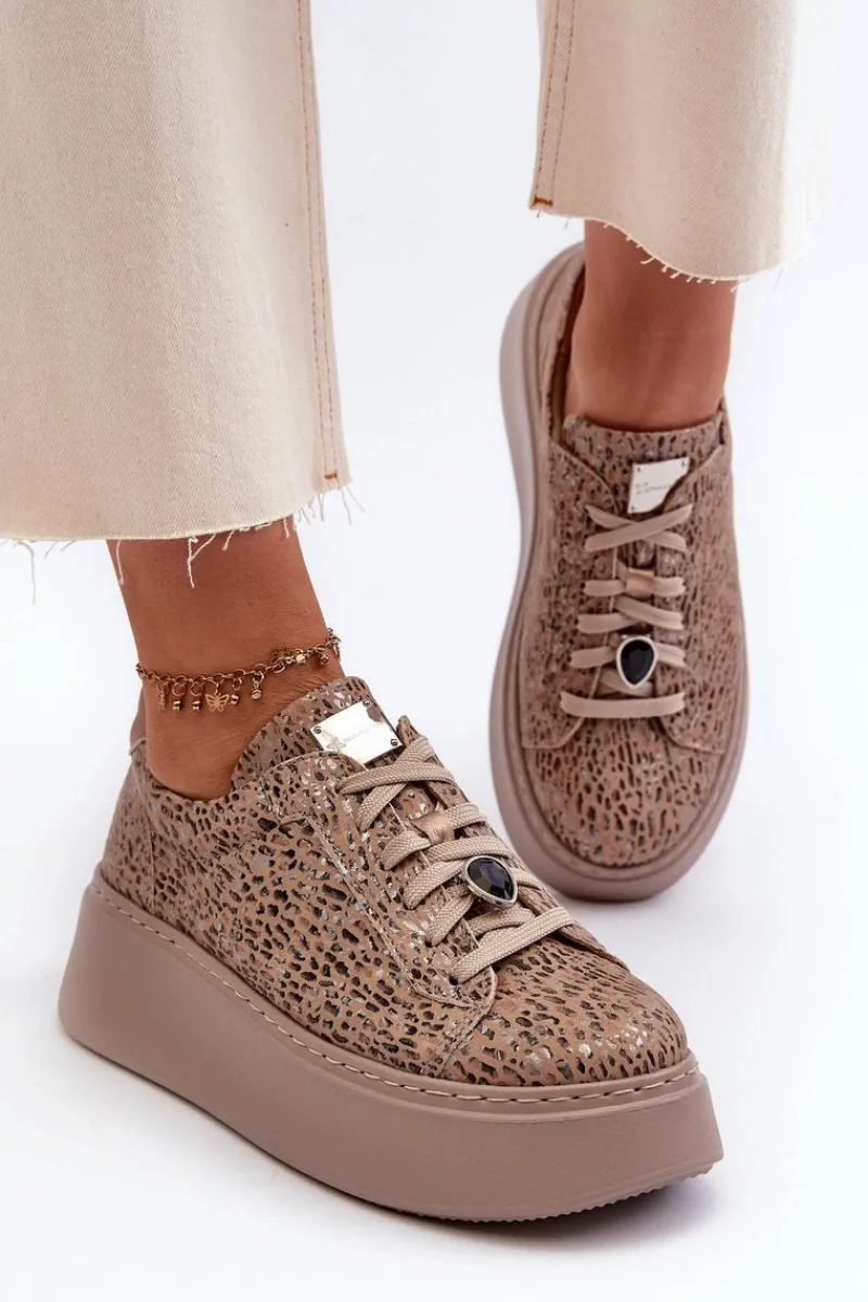 Buty Sportowe Na Platformie>Maciejka Skórzane Buty Sportowe Na Platformie 06191-10 Beżowe Beżowy