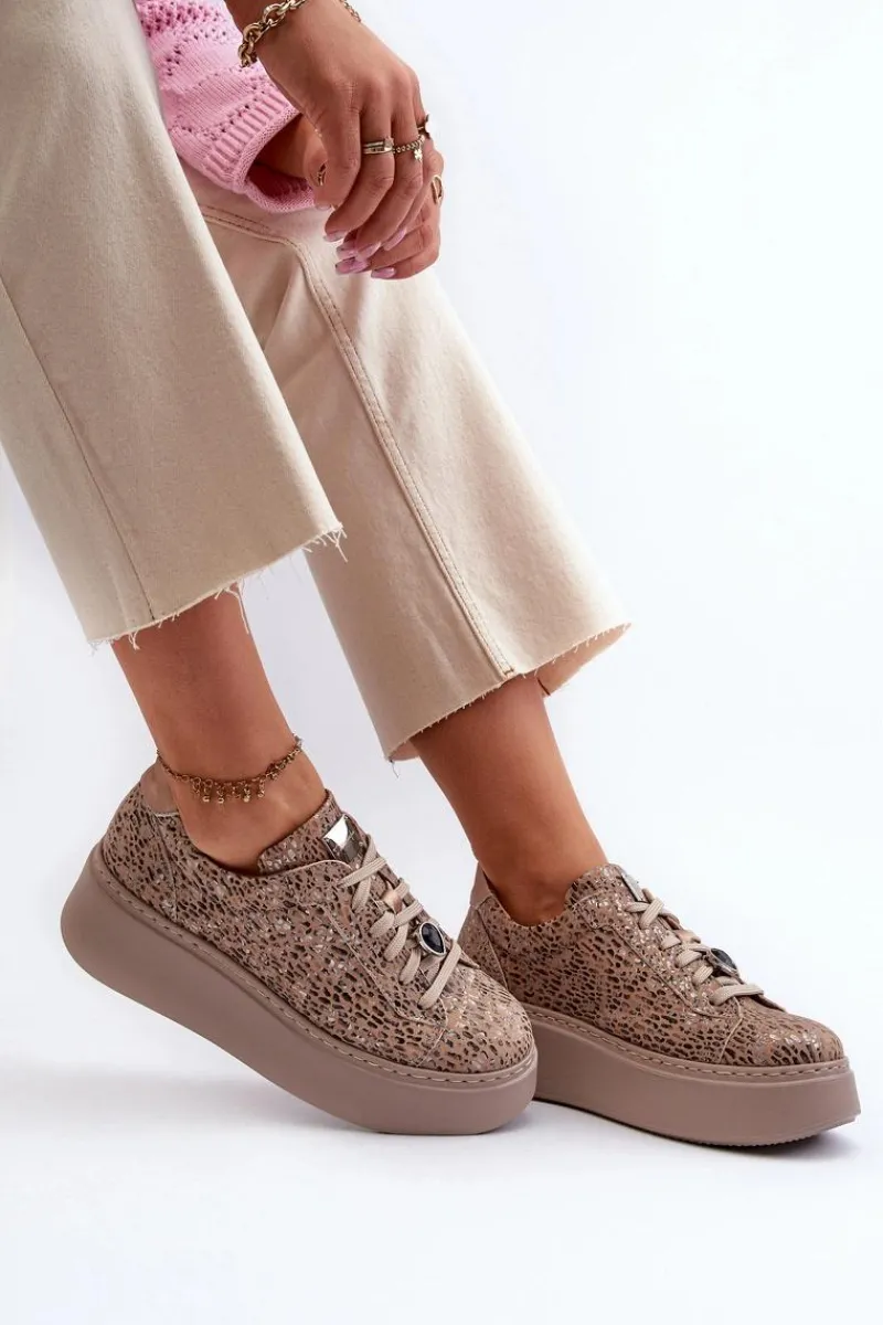 Buty Sportowe Na Platformie>Maciejka Skórzane Buty Sportowe Na Platformie 06191-10 Beżowe Beżowy