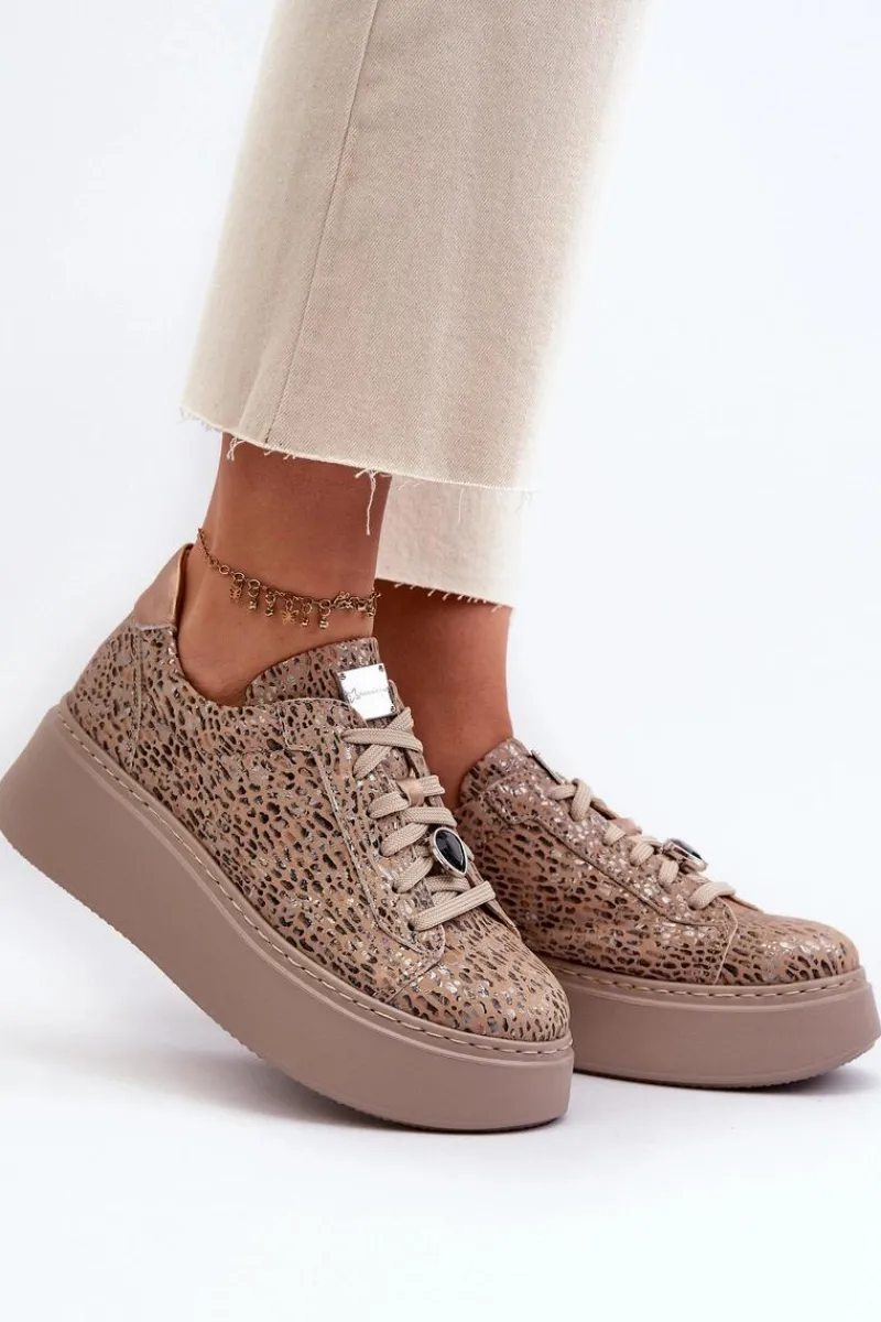 Buty Sportowe Na Platformie>Maciejka Skórzane Buty Sportowe Na Platformie 06191-10 Beżowe Beżowy