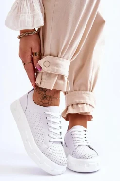 Sneakersy Damskie>Damskie buty S.Barski Skórzane Buty Sportowe Na Masywnej Platformie Białe Montigo