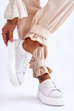 Sneakersy Damskie>Damskie buty S.Barski Skórzane Buty Sportowe Na Masywnej Platformie Białe Montigo