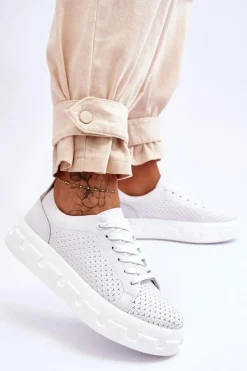 Sneakersy Damskie></noscript>Damskie buty S.Barski Skórzane Buty Sportowe Na Masywnej Platformie Białe Montigo