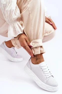 Sneakersy Damskie></noscript>Damskie buty S.Barski Skórzane Buty Sportowe Na Masywnej Platformie Białe Montigo