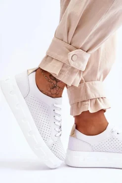 Sneakersy Damskie></noscript>Damskie buty S.Barski Skórzane Buty Sportowe Na Masywnej Platformie Białe Montigo