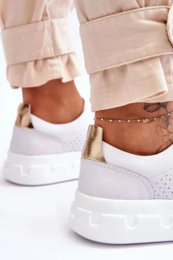 Sneakersy Damskie></noscript>Damskie buty S.Barski Skórzane Buty Sportowe Na Masywnej Platformie Białe Montigo