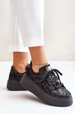 Clearance Maciejka Skórzane Buty Sportowe Na Platformie 06191-42 Czarne