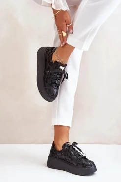 Clearance Maciejka Skórzane Buty Sportowe Na Platformie 06191-42 Czarne