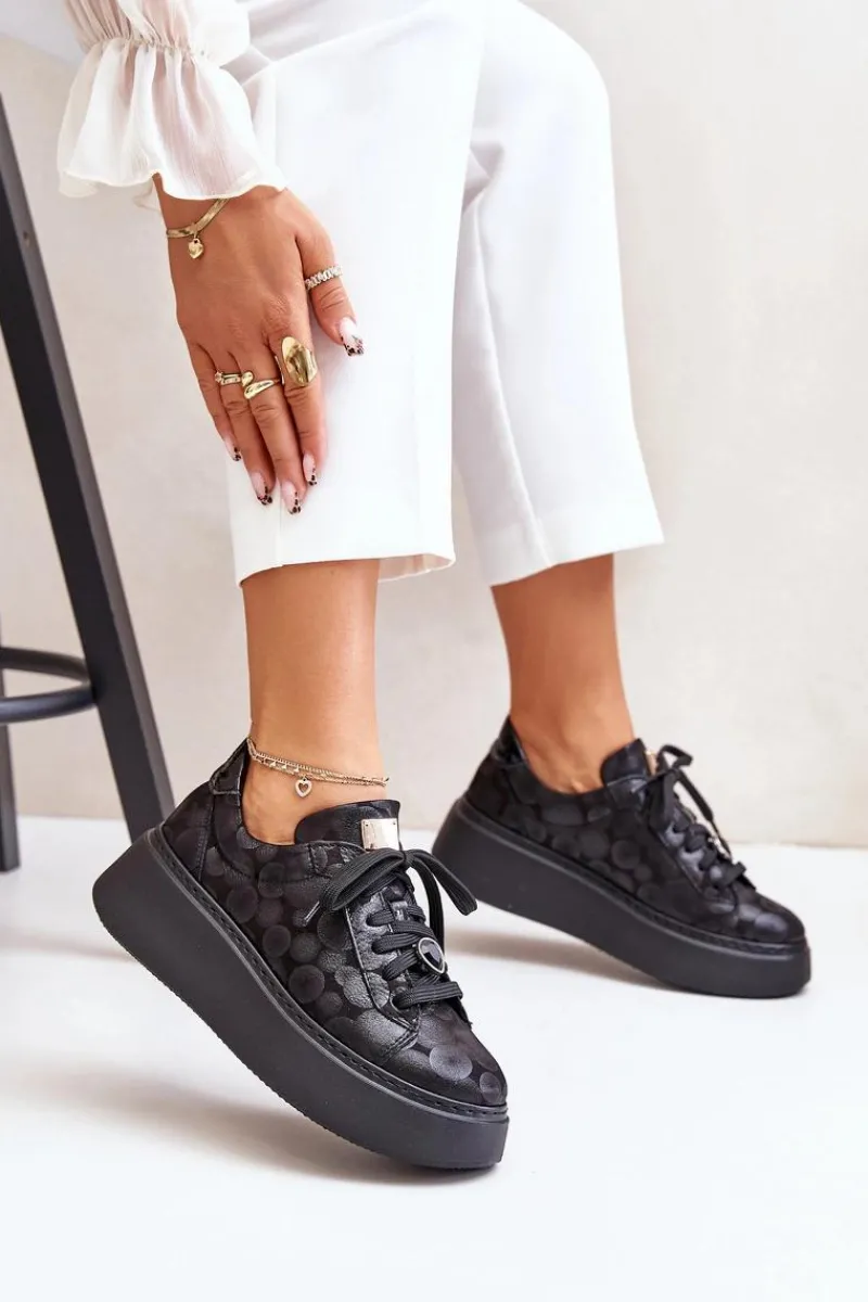 Clearance Maciejka Skórzane Buty Sportowe Na Platformie 06191-42 Czarne