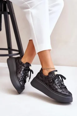 Clearance Maciejka Skórzane Buty Sportowe Na Platformie 06191-42 Czarne