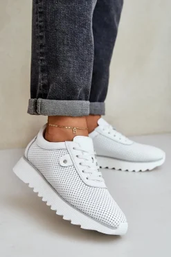 Outlet Damskie buty S.Barski Skórzane Buty Sportowe Na Platformie Z Brokatem D&A LR51-629 Białe Biały