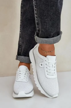 Outlet Damskie buty S.Barski Skórzane Buty Sportowe Na Platformie Z Brokatem D&A LR51-629 Białe Biały