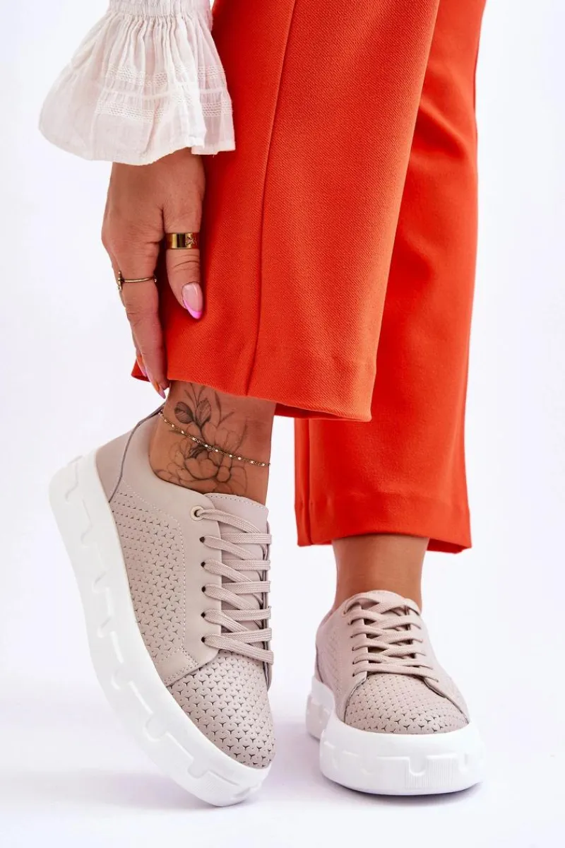 Outlet Damskie buty S.Barski Skórzane Buty Sportowe Na Masywnej Platformie Beżowe Montigo