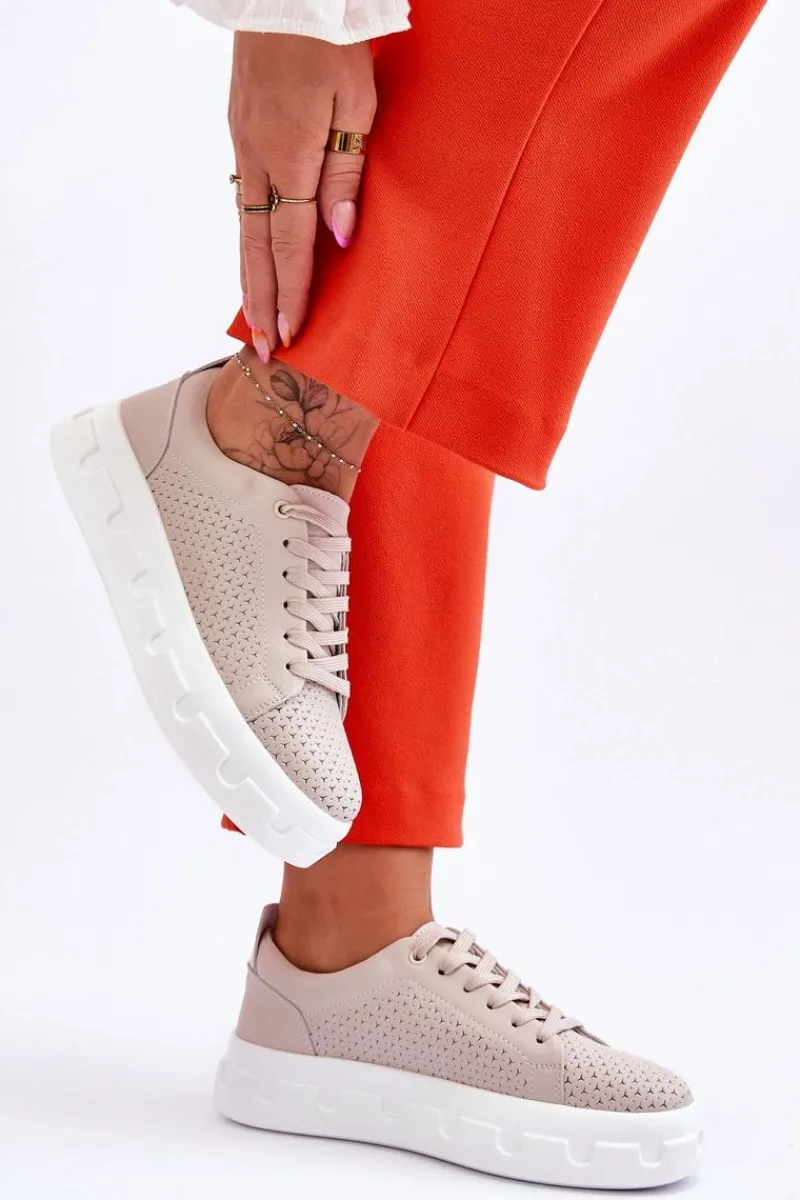 Outlet Damskie buty S.Barski Skórzane Buty Sportowe Na Masywnej Platformie Beżowe Montigo