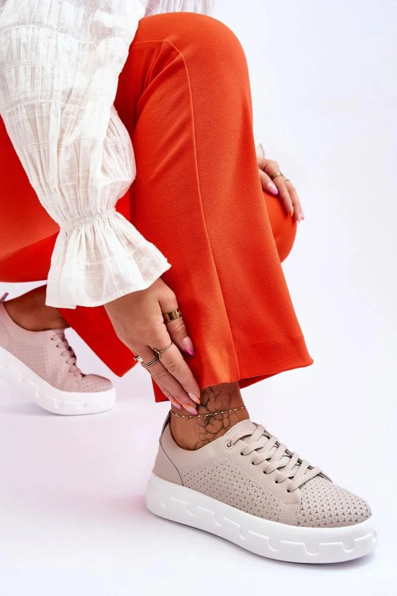 Outlet Damskie buty S.Barski Skórzane Buty Sportowe Na Masywnej Platformie Beżowe Montigo