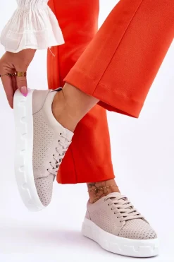 Outlet Damskie buty S.Barski Skórzane Buty Sportowe Na Masywnej Platformie Beżowe Montigo