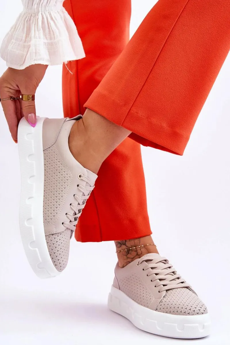 Outlet Damskie buty S.Barski Skórzane Buty Sportowe Na Masywnej Platformie Beżowe Montigo